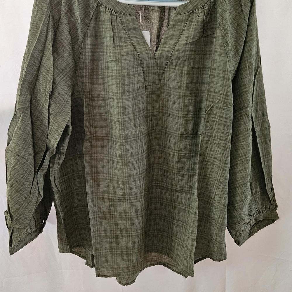 Christopher & Banks Plaid Olive Blouse
